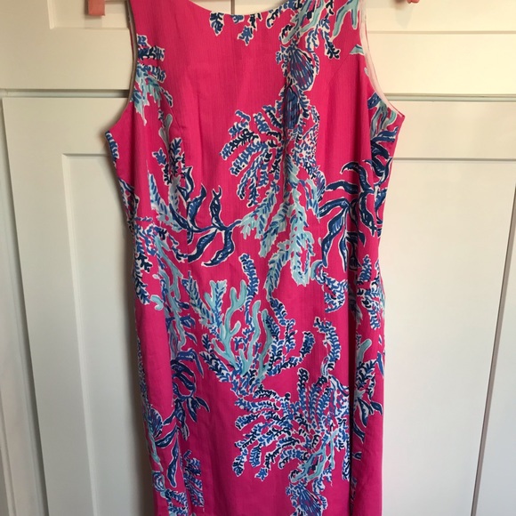 Lily Pulitzer Coral Pink/Blue Shift Dress Size 4 - Picture 4 of 8